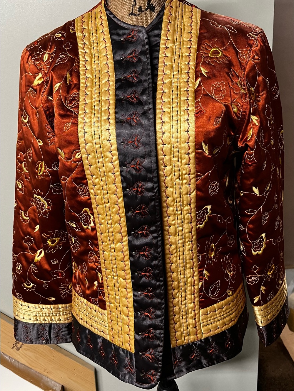 Diane Gilman Rust Satin Jacket with Gold Trim and Black Accents